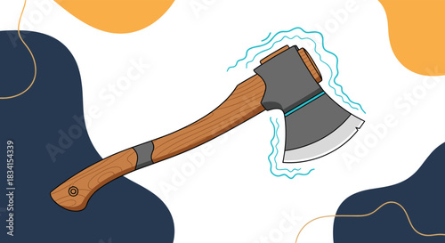 Stylized cartoon illustration of a sharp axe with a wooden handle set against a modern abstract background with colorful shapes.