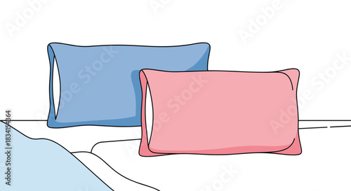Simple and cozy illustration of one blue and one pink pillow resting on a soft white bed ready for a good night's sleep.