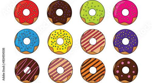 Assorted colorful donuts vector illustration bakery sweet dessert