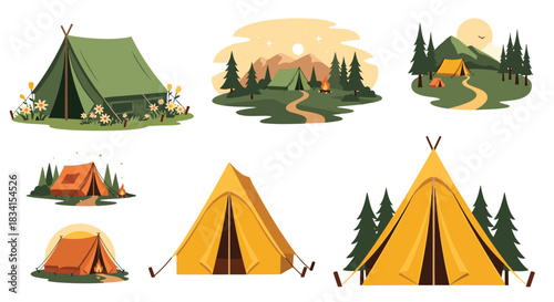 Collection of six varied camping tent illustrations set in different nature scenes with forests mountains and campfires.