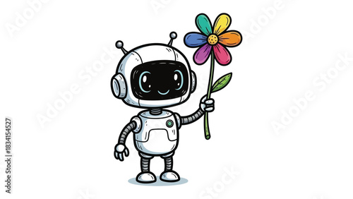 Joyful Robot with Colorful Flower: A charming robot holds a vibrant, multi-colored flower, its metallic exterior offset by the organic beauty it embraces.