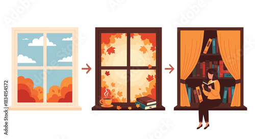 Three-stage illustration showing a window view transforming from a summer day to a cozy autumn scene with a girl reading a book.