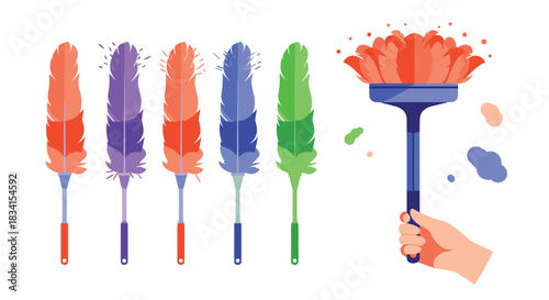 Set of colorful feather dusters in various bright colors and a hand holding a red duster in action with dust particles.