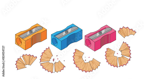 Set of three colorful pencil sharpeners in orange blue and pink with piles of wooden shavings from sharpening.