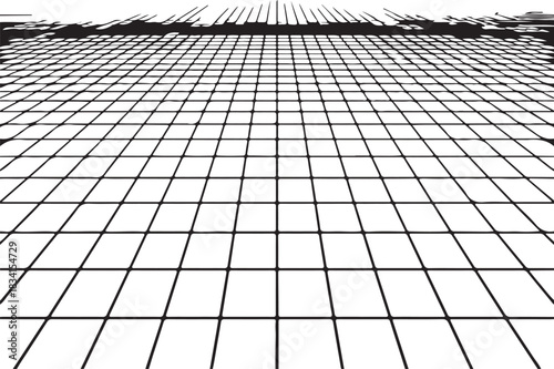 Technological grid vector lines converging into the distance on a black background for digital concepts