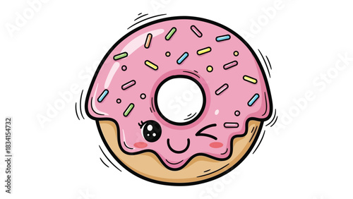 Sweet Donut Delight: A cheerful cartoon donut, with a playful wink, coated in pink frosting and adorned with colorful sprinkles, promising a sugary treat.