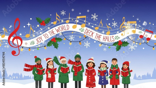 A diverse group of carolers in festive winter attire sings christmas songs with sheet music and musical notes against a snowy blue sky with twinkling lights and snowflakes