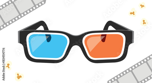 Simple flat icon of 3D glasses with red and blue lenses surrounded by popcorn and film strips for a cinema movie concept.