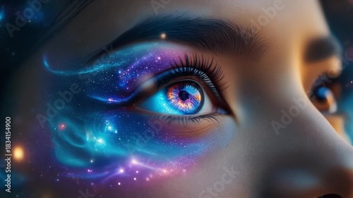 Close up of a womans eye with cosmic nebula and galaxy makeup reflecting the universe and infinite possibility