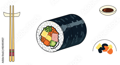 Minimalist illustration of essential kimbap elements including a single large roll chopsticks a dipping sauce and a side dish.