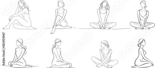 One line drawing. woman sitting in a relaxed pose line art collection, Airy contours, graceful lines, hand drawn line vector art.