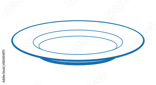 Simple blue outline drawing of an empty ceramic plate with a wide rim seen from a slight angle on a white background.