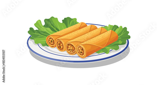 Delicious looking illustration of four golden-fried spring rolls neatly arranged on a bed of fresh green lettuce on a plate.