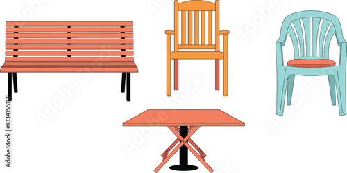 Outdoor seating furniture vector illustration set including bench chair plastic armchair and folding patio table