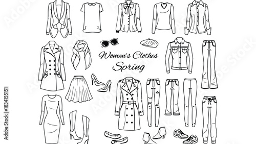 Line art illustration of women's spring clothes and accessories design