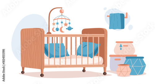 A cozy baby nursery room illustration with a wooden crib mobile with stars and planets and laundry baskets in soft colors.