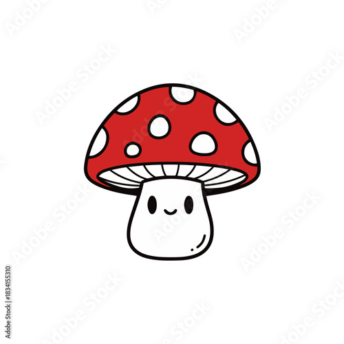 Cute kawaii mushroom vector illustration, adorable red amanita with white spots, simple cartoon character for children's designs and forest themes