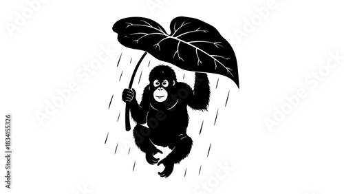 Orangutan holding a leaf in the rain in black and white illustration