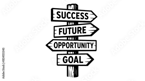 A wooden signpost with success future opportunity and goal pointing ways