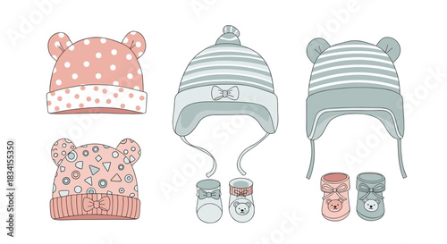 A cute collection of winter baby hats with bear ears and matching booties in pink and gray with various fun patterns.