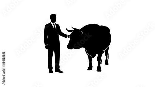 Silhouette of a man in suit touching a bull on a white background