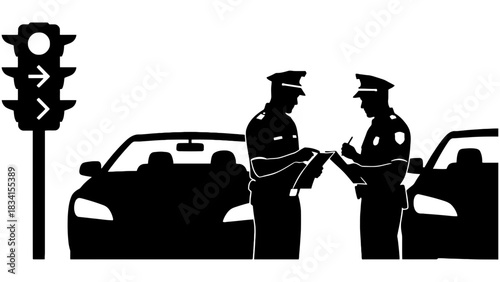 Two police officers giving a ticket next to cars and traffic light