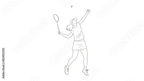 Line drawing of woman playing badminton with racket and shuttlecock
