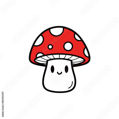Cute kawaii mushroom vector illustration - adorable red and white spotted amanita character with a happy face, perfect for children's designs and fantasy themes