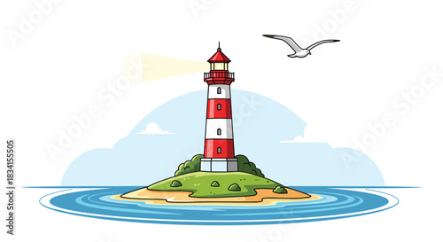 A classic red and white striped lighthouse shines its light from a small green island in the middle of the blue ocean.