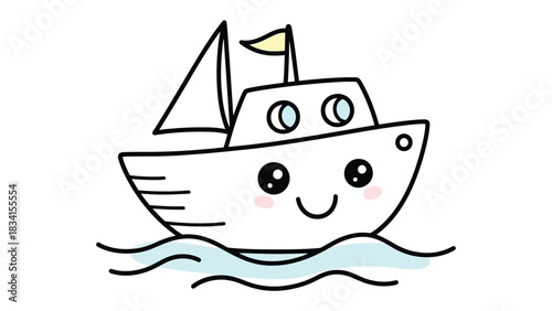 Happy Sailing: A charming sailboat navigates the gentle waves, exuding a sense of tranquility and joy with its cartoon-like features. 
