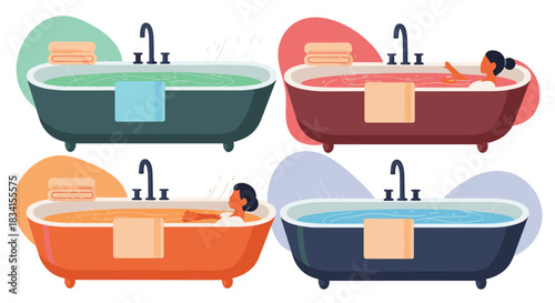 A set of four illustrations showing women relaxing and enjoying a warm bubble bath in colorful vintage bathtubs at home.