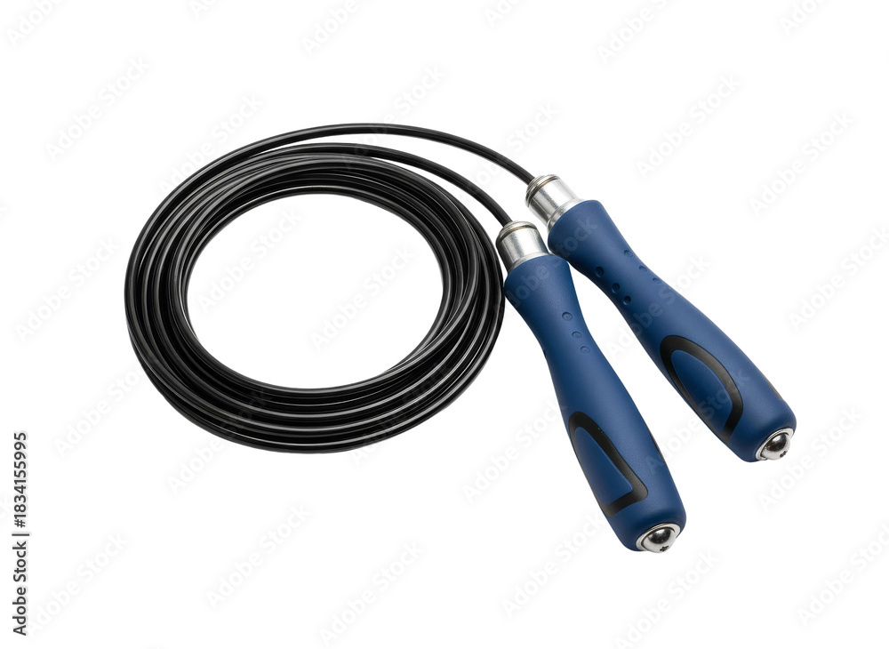 Fototapeta premium Blue jump rope with long black cable on transparent background