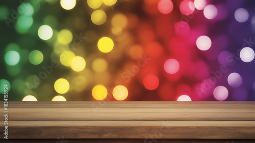 Empty wooden plank product display stage with a vibrant, colorful, out-of-focus rainbow light bokeh effect in the background