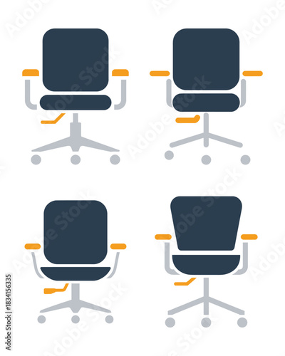 Office desk chair and business workplace furniture flat vector icons set