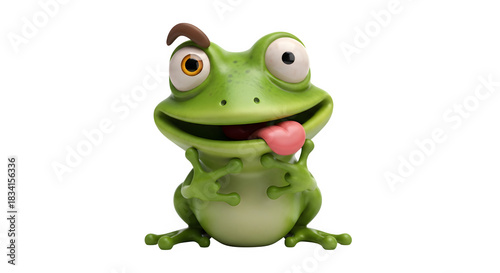 Funny 3d cartoon frog character with big eyes sticking out its pink tongue and a small brown curl on its head, isolated on transparent background