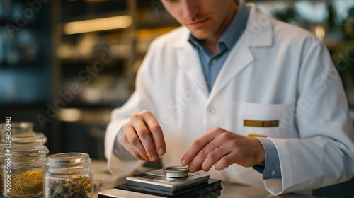 A pharmacist using compact digital micro-scales to measure powdered medication before encapsulation, clean glass jars lining the sterile counter — pharmaceutical precision, compounding accuracy,