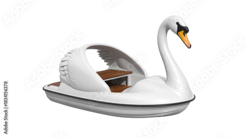 This image features a white swan pedal boat with wooden seats, designed for aquatic recreation and leisurely rides. background removed