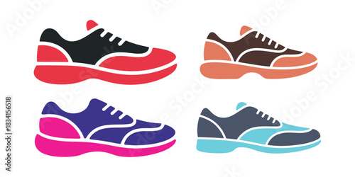 Colorful running sneakers and sport shoes flat vector icons set