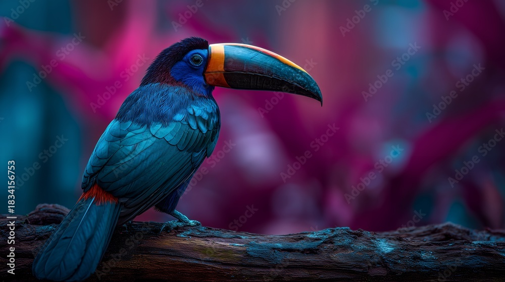 Naklejka premium Close up of toucan perched on a textured log with purple leaves background, concept for wildlife conservation, exotic bird watching and nature photography
