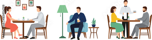 People in cafe and restaurant vector illustration set showing dining conversation waiter service and social lifestyle scenes