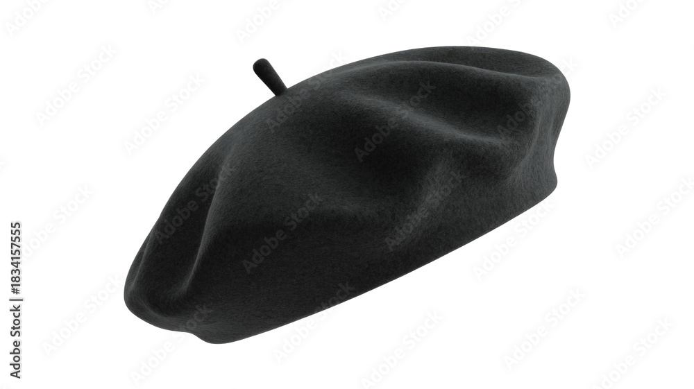 Fototapeta premium A classic black wool beret with a small stem, showcasing a timeless and elegant fashion accessory. Ideal for a sophisticated look. background removed