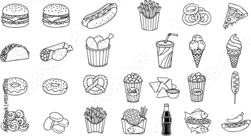 Fast Food and Snacks Outline Icon Set. Hand-drawn doodle collection of burgers, fries, pizza, donuts, ice cream, and popular junk food items. Black and white vector illustrations.
