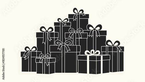 Pile of gifts in silhouette, an assortment of wrapped presents with bows