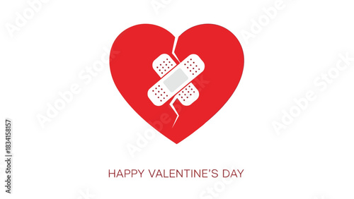 Red broken heart with two bandages forming an x over the crack symbolizing healing and recovery