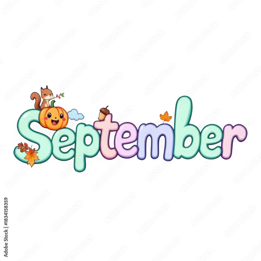 Fototapeta premium Cartoon Word September with Autumn Elements isolated on transparent background. Bubbly Pastel Teal Pink Letters. Playful Jack-o-Lantern Squirrel Leaves.