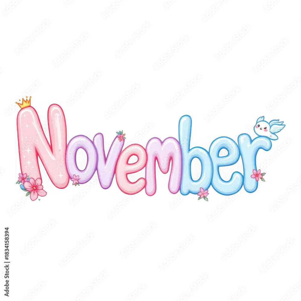 Obraz premium Balloon Word November with Crown and Butterfly isolated on transparent background. Playful Pink Purple Blue Gradient. Celebratory Floral Typography.