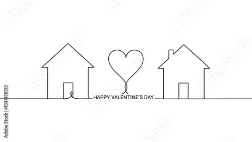 Continuous line drawing of two houses with a heart in between and happy valentines day text