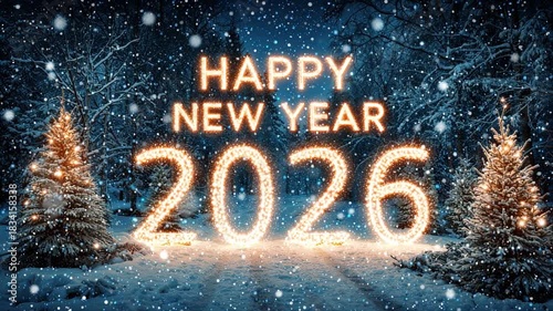 Happy new year 2026 message glowing with sparkling lights in a snowy winter forest, celebrating annual festive holiday season and a fresh start
