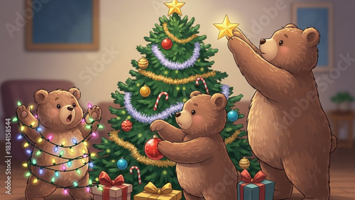 Three adorable cartoon bears happily decorating a christmas tree with ornaments lights and candy canes preparing for the holiday season with festive cheer