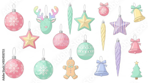 A charming collection of pastel christmas ornaments including baubles stars icicles bells a reindeer and a gingerbread man on a white background